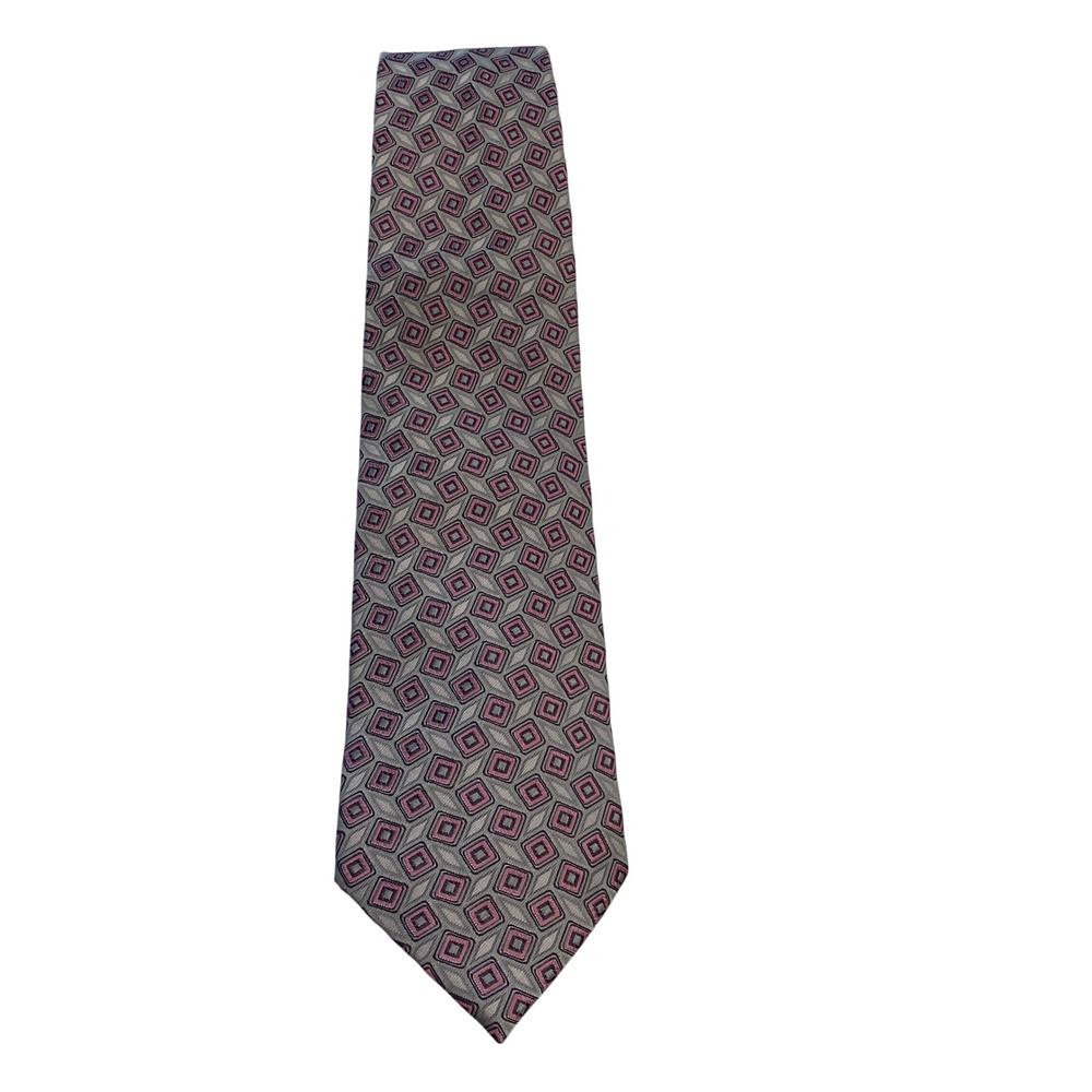 Valeriano Collection Mens Silk Tie Grey Pink Geometric Diamond Hand Made 57.5in